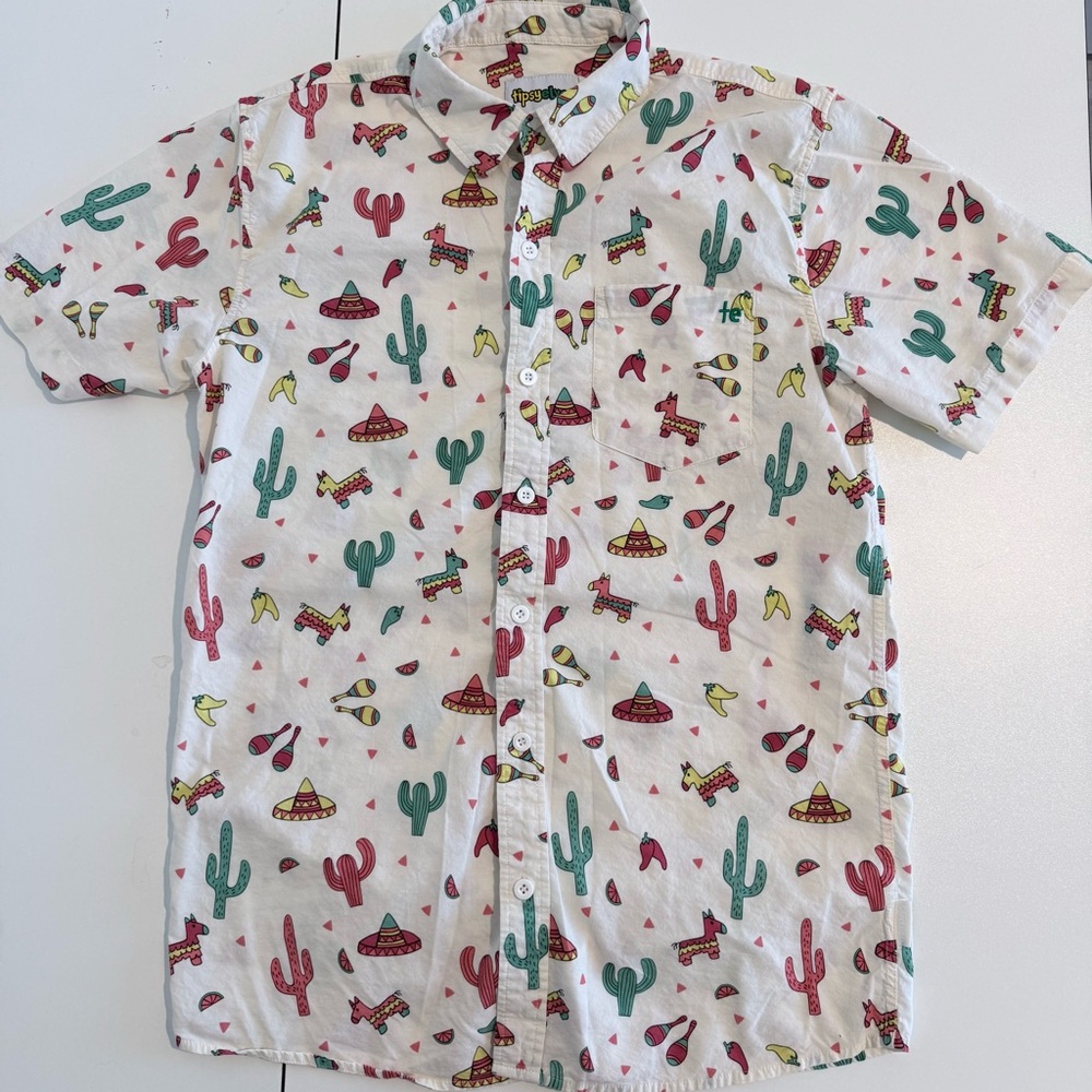 Tipsy Elves White Button Down Shirt with Cactus and Sombrero Print